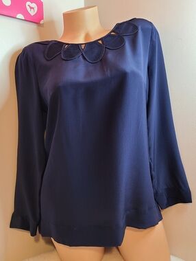 Retired Y2K J. Crew 100% Silk Navy Long Sleeve Blouse with Petal Cutout Neckline